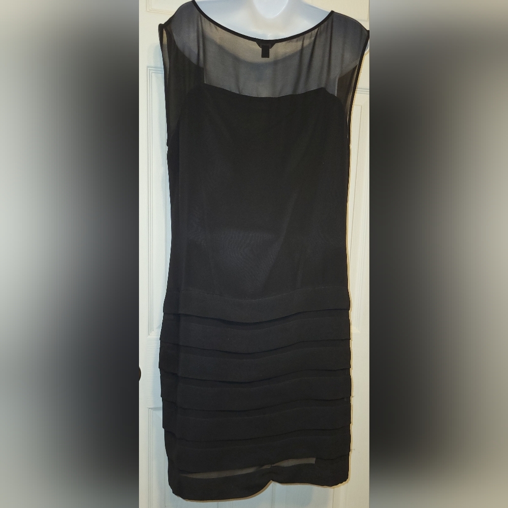 Anne Taylor black pencil party dress,midi, sheer and pleated  size 14 sleeveless